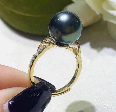 Charm 12mm natural south sea genuine black round pearl ring adjustable size 007