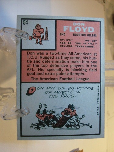 1966 Topps Football #54 - Don Floyd - Houston Oilers 66-014 - Picture 2 of 2