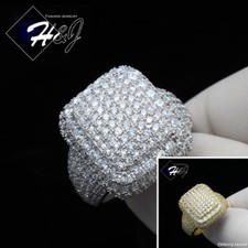 MEN 925 STERLING SILVER ICY BLING CZ GOLD PLATED/SILVER 3D RECTANGE RING SR110