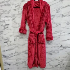 NY Threads Womens Hooded Bathrobe Size M Burgundy Plush Long Robe Pockets