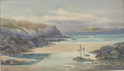 Atemberaubendes antikes William COX (1866-1939) Aquarell Strandszene Meereslandschaft