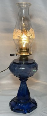 Vintage Findlay Queen of Hearts Cobalt Blue Glass Electrified Oil Lamp Works