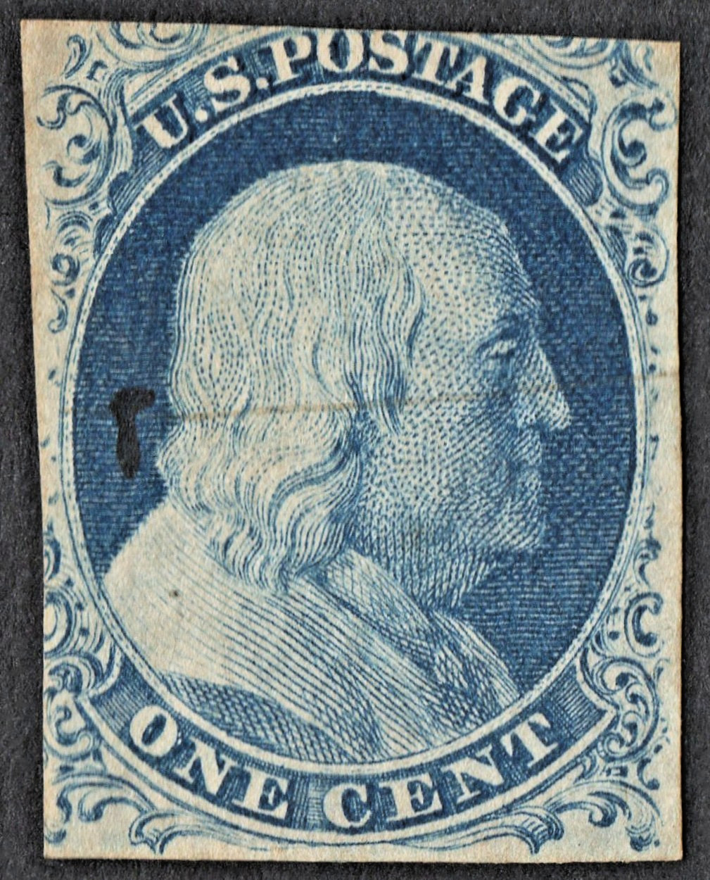 US Sc# 7 USED { 1c BEN FRANKLIN "TYPE II" } LIGHT CANCEL FROM 1851 CV$ 140.00