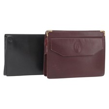 CARTIER Clutch Bag Leather 2 Set Black Bordeaux Auth 158537