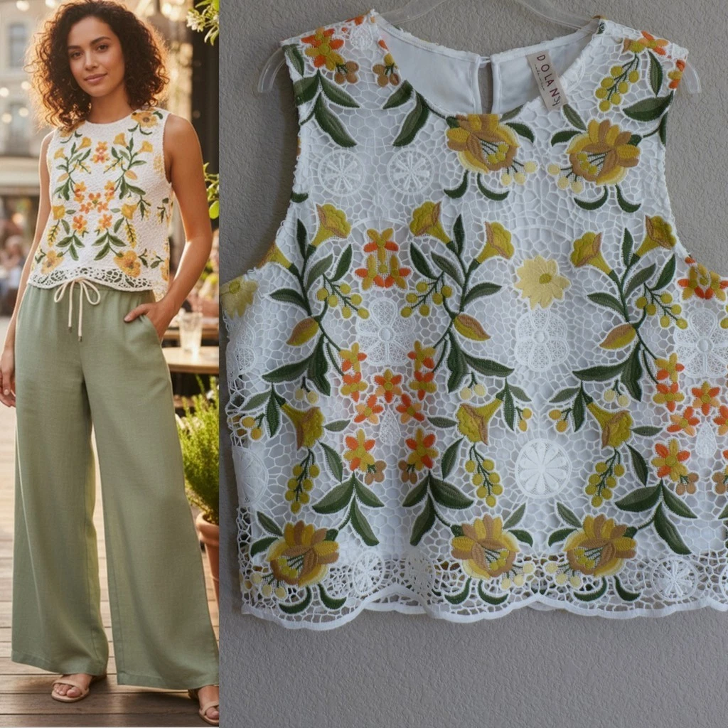 DOLAN Anthropologie Women's Floral Embroidery Sleeveless Crochet tank top NEW