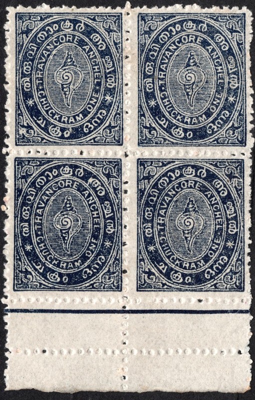 INDIA TRAVANCORE 1924 CONCH SHELL MNH BLOCK-4/1 CH/ SLATE BLUE/NO WMK/ SW#13a