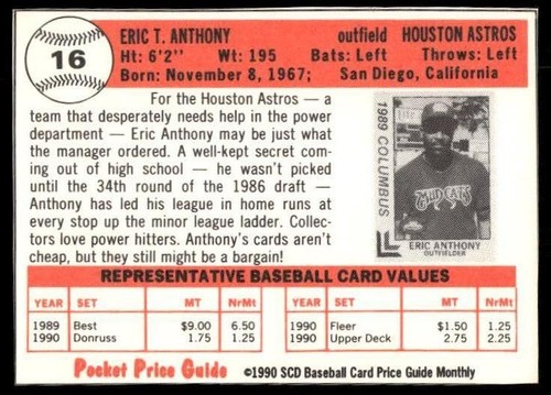 1990 SCD Baseball Card Price Guide Monthly #16 Eric Anthony - Picture 2 of 2