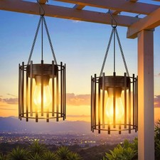 Hanging Solar Lanterns Outdoor 2 Pack, Metal Waterproof Solar Lights