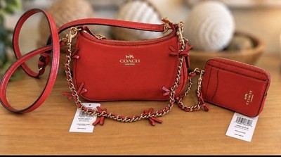 Coach Teri Mini Crossbody Bag Bows Leather/Gold/Bright Cherry CDW68 NWT & WALLET