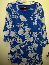 Vince Camuto Blue Floral V-Neck 3/4 Sleeve Shift Knee Length Dress Size 4