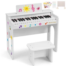 White 37Key Kids Digital Piano Keyboard Wood Toddler Toys w/Bench,Stickers,Cover