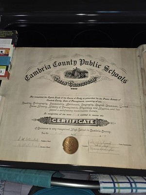 Antique Eighth Grade Graduation Certificate From Cambria County  School 1919 PA.