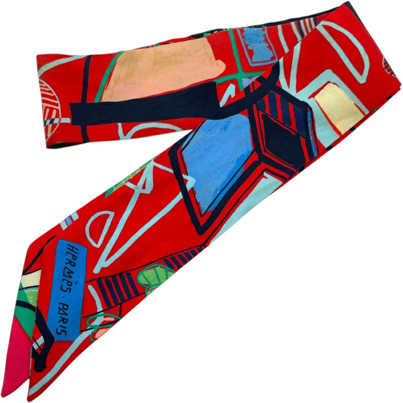 Hermes Twilly Modernisme Tropical Red Silk Ladies Scarf Used
