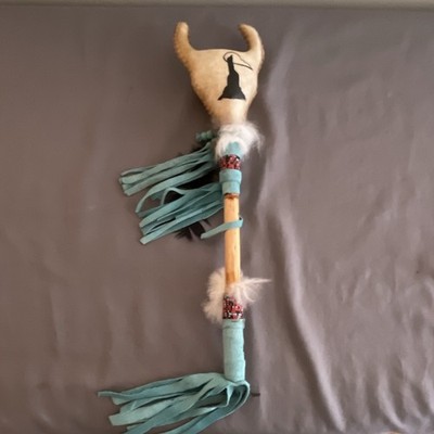 Native American Talking Stick Painted Design Beaded Wrap Feathers Fringe