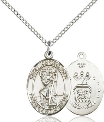 Sterling Silver Saint Christopher Air Force Medal Pendant Necklace 18'' Chain
