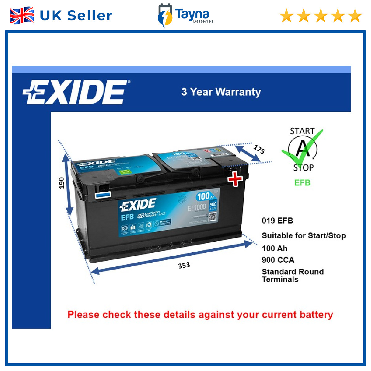 EFB Car Battery fits MASERATI LEVANTE QUATTROPORTE GRECALE MC20 Exide