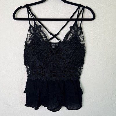 Moa Moa Black Lace Cropped Tank Top Size L Cami Festival Whimsigoth New