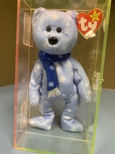 TY BEANIE BABIE 1999 HOLIDAY TEDDY BEAR PLUSH - BLUE RETIRED. In Display Box
