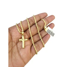 Real Gold 10k Rope Chain Cross Charm Necklace Pendant Set 2mm 16"-26" Gold