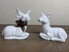 Reindeer White Figurines Bow Holiday Deer Christmas Lot Of 2