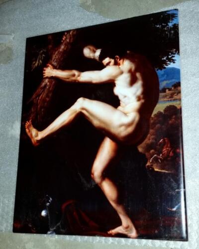 GAY THEME Art Decorative Tile Made in Mexico Man Flexing Holding Tree Risque - Picture 1 of 2