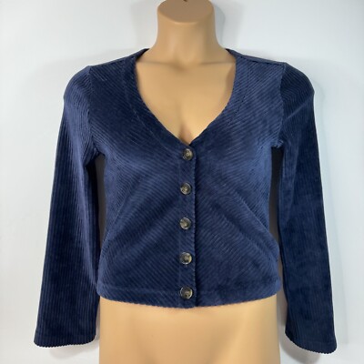 Marine Layer Velour V-Neck Button Up Cardigan Sweater Blue Womens Small S 