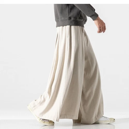 Mens Cotton Linen Casual Pants Large Wide Leg Pants Loose Fit Trousers Solid - Picture 8 of 21
