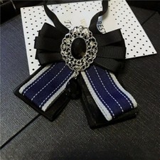 Women Crystal Bow Tie Bowknot Uniform Ribbon Stripe Check Necktie Rhinestone