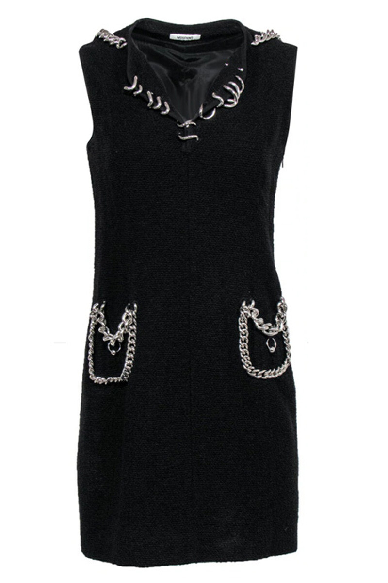 Moschino Couture Black Tweed Wool Chunky Chain Trim Lined
