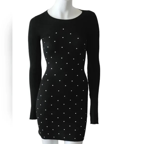 Planet Gold Black Bodycon Sweater Dress Long Sleeve With Silver Studs XS