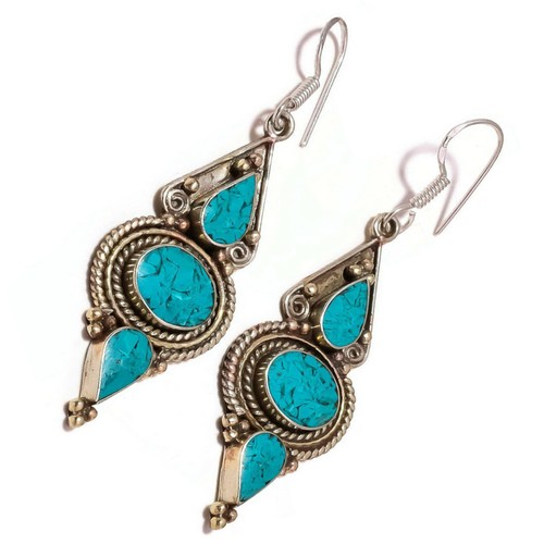 Inlaid Turquoise Gemstone Handmade Antique Engraved Tibetan Drop Dangle Earrings - Picture 3 of 3
