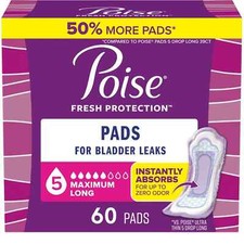 Poise Incontinence Pads for Women, 5 Drop Maximum Absorbency, Long Length, 60 CT