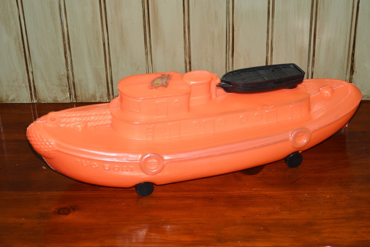 Vintage Marx Orange Plastic Tug Boat Rolling Pull Toy Whistles w