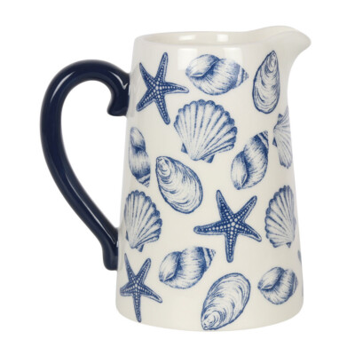 Blumenkrug Vase weiß dunkelblau maritim Muschelmuster Keramik