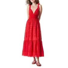 Alice + Olivia Levine Maxi Dress Womens Size 4 Red Linen-Blend Broderie Anglaise