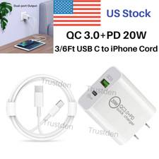 20W QC 3.0 Fast Wall Charger USB C Power Adapter PD Cable For iPhone 13 12 11 XR