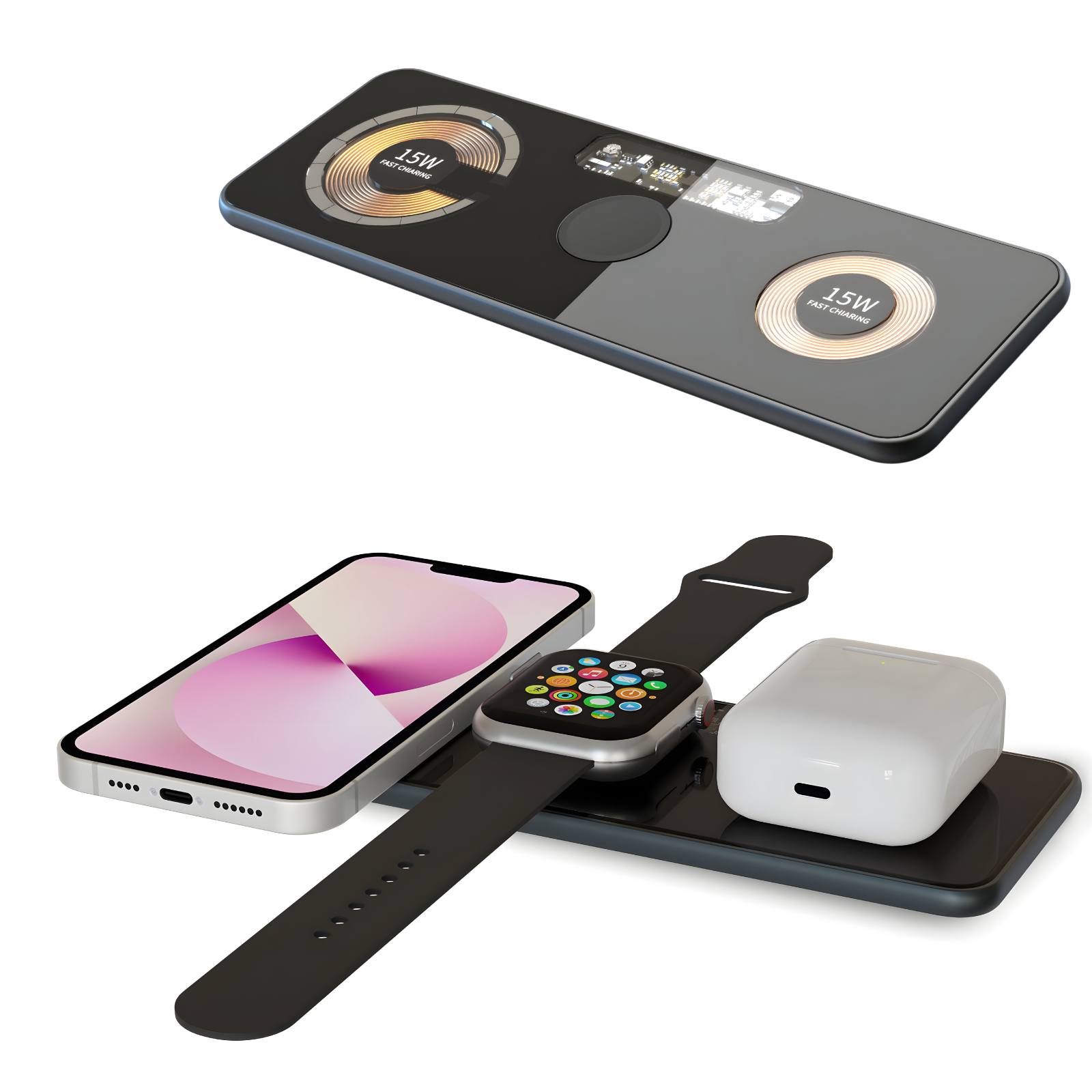 3 in 1 Wireless phone Charger, Transparent Glass Magnetic Charging Station 15W