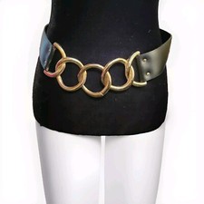 Vtg Black Leather Gold Tone Metal Circle Link Cummerbund Style Belt Punk M/L