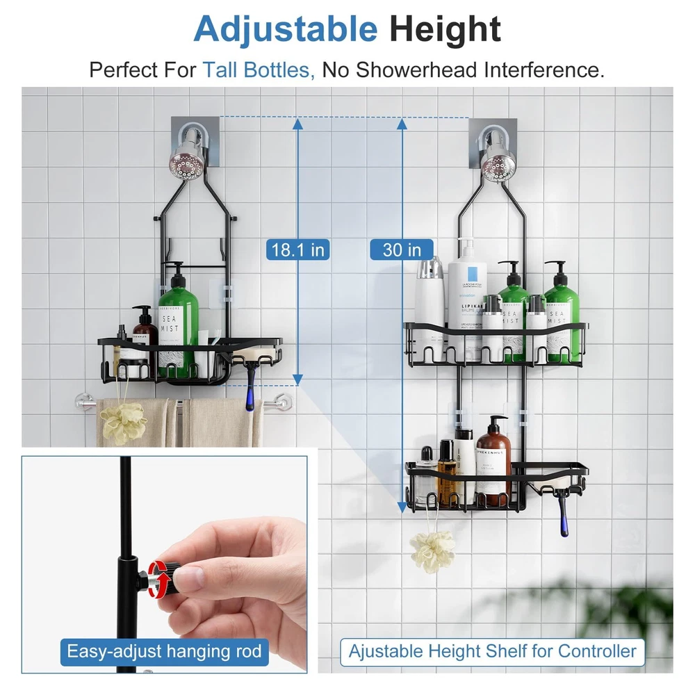 Shower Caddy, Upgraded Extended Length Shower Caddy Over Showerhead No Blocki...