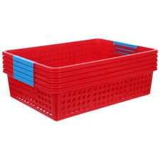  5pcs Stackable Plastic Basket - Red Desk Organizer With Handles For A4 Paper