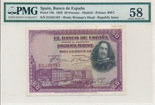 Banco de Espana Spain 50 Pesetas 1928 S/No x16116x PMG  58