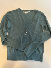 Veronica Beard Women's Blue Green Cardigan S Pullover V Neck Button Merino Wool