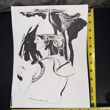 Original OOAK Ink Pen Art Drawing Portrait Weird Face Fantasy Warlock UNSigned