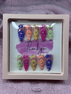 Medium Almond Press-On Nail Set Spring Flowers Colorful