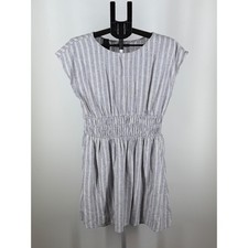 Old Navy Linen Blend Striped Smocked Waist Dress Blue White Cap Sleeve Medium