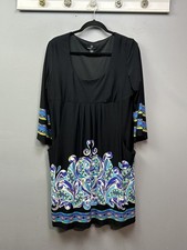 Ronni Nicole Dress Womens 14 Black Multicolor Border Print 3/4 Sleeve Pockets