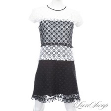Milly Made in USA Black White Lattice Diamond Lace Capsleeve Spring Dress 16