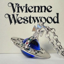 Vivienne Westwood Blue Tone 3D Orb Srebrny naszyjnik wisiorek z pudełkiem