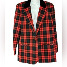 Vintage Sag Harbor Red and Green Plaid Wool Blend Blazer/Jacket Womens Size 12
