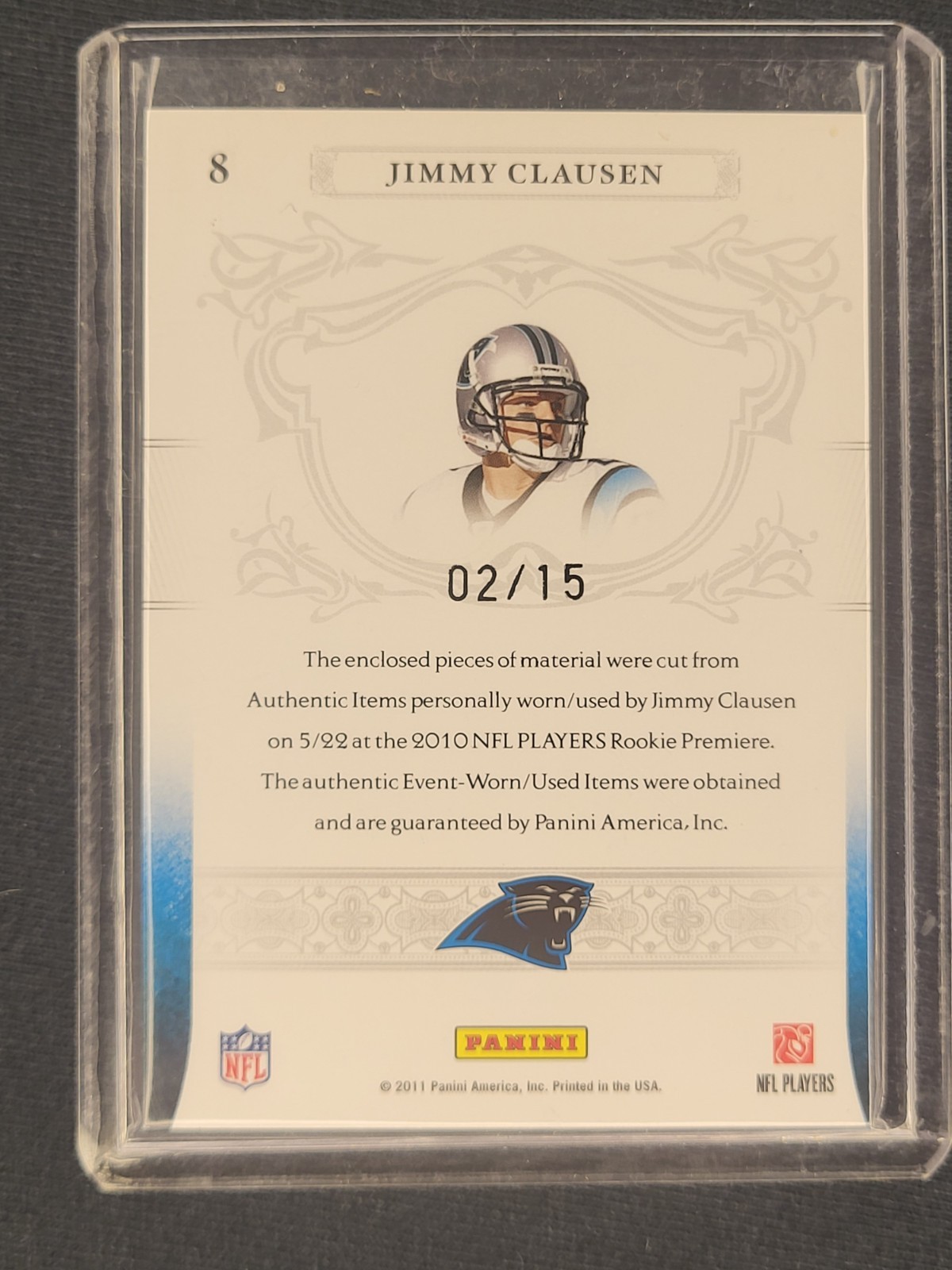 Panini 2011 National Treasures NFL Gear Jimmy Clausen Panthers #2 02/15 (1/1) view 5